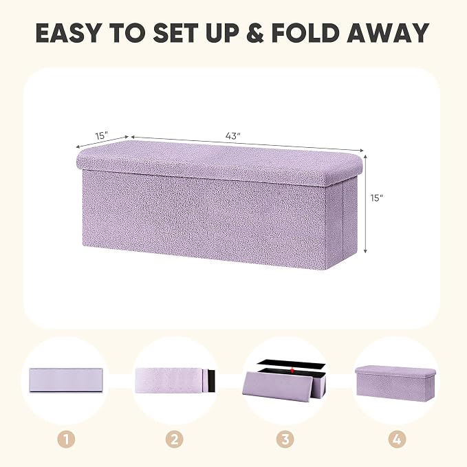 PINPLUS Folding Storage Ottoman Bench, Sherpa Ottoman with Storage, Large Long Shoes Bench Chest with Lid, Footrest for Living Room, Entryway, Purple 43'' x 15'' x 15''