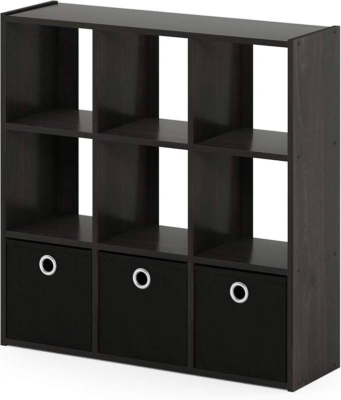 Furinno Simplistic 9-Cube Organizer with Bins, Small Size (Assembled unit dimensions : 7.9"D x 26.5"W x 26.7"H inches), Espresso/Black