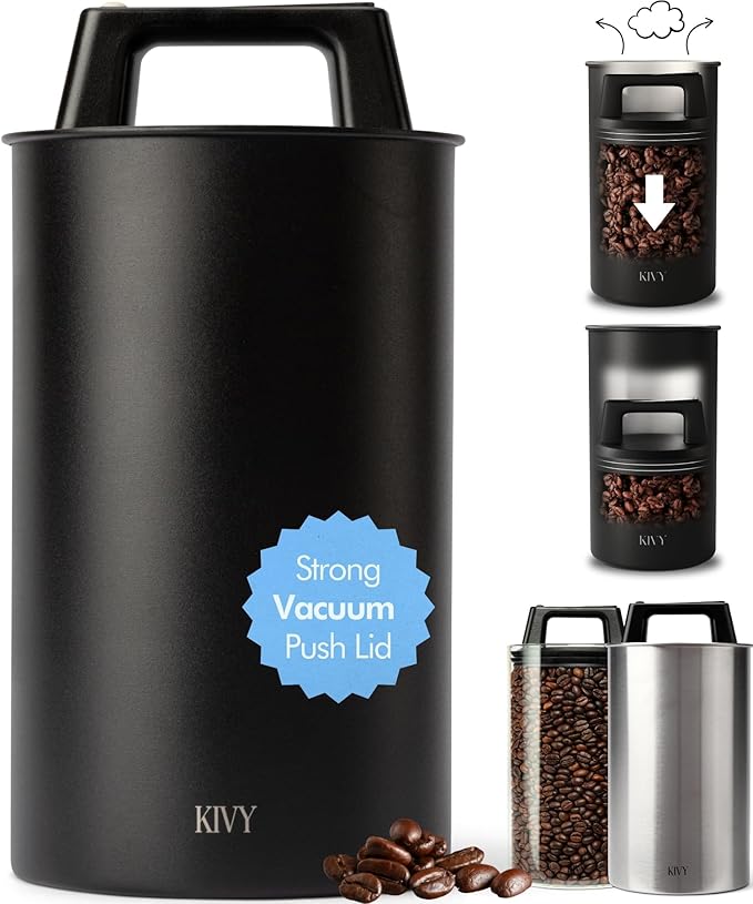 KIVY Vacuum Coffee Canister - Push Lid Preserves Coffee Aroma & Oil | Stainless Steel Airtight Coffee Canister - Container for Ground & Coffee Bean Storage - Storage Jar - Removes Excess Air