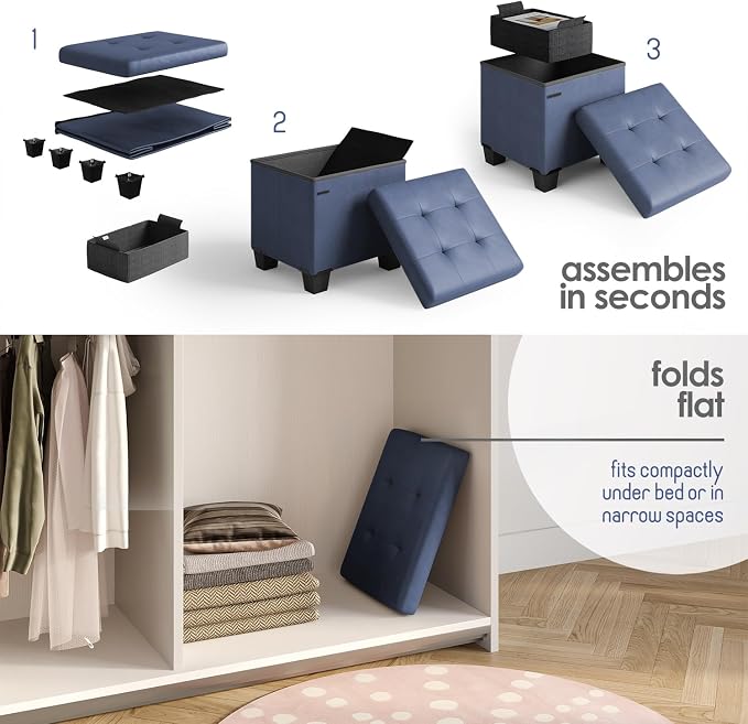 Storage Ottoman Cube with Small Bin, 15-in Square Ottoman with Storage for Living Room and Bedroom, Small Ottomans Foot Rest, Leather Foot Stools Ottomans Max 330lbs, Blue
