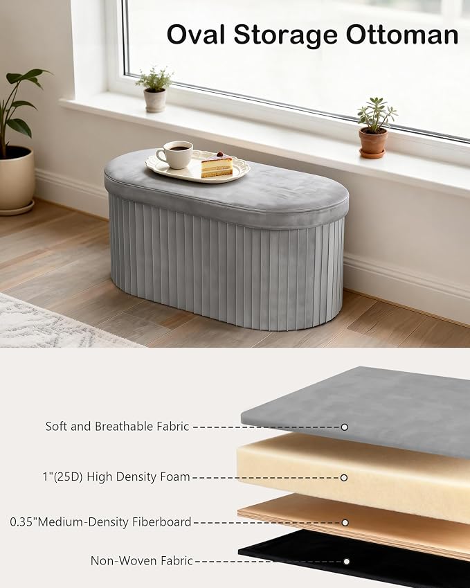GLAXYFUR Folding Ottoman with Storage, Oval Velvet Storage Bench, Grey | Upholstered Foot Rest, 30 x 15 x 15 Inches Storage Chest for Bedroom, Living Room & Entryway