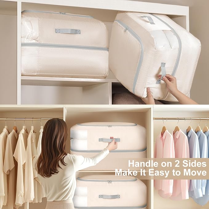 Comforter Storage Bag - 110L Large Capacity Blanket Storage Bags 2-Layer Ultra Space Saving Self Compression Organizer, Washable Compression Bags for Storage Comforter Blanket, 6-Pack, Beige