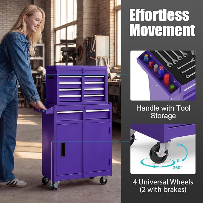 Goplus Purple Tool Chest, 5 Drawers Rolling Tool Cabinet w/Detachable Top Toolbox, Universal Lockable Wheels,Lock Bar,Protective Liner,Tool Rack, Metal Tool Storage Cart, Tool Box for Garage Workshop