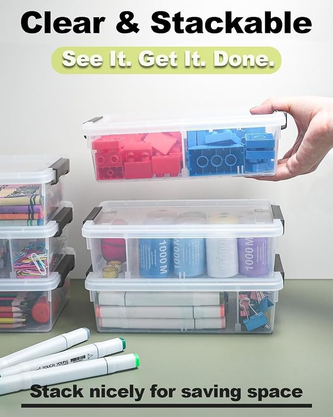 6 Pack Extra Large Pencil Box with Removable Divider, Thickened Pencil Case Bulk, Clear Crayon Marker Organizer Stackable Plastic Small Storage Containers for Pen Craft School Supplies(Grey)
