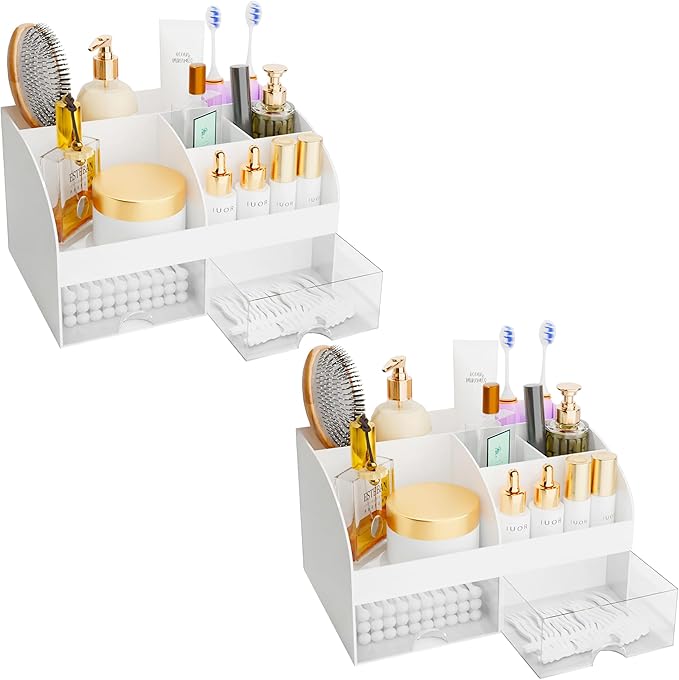 Makeup Organizer with Drawers, Cosmetic Storage for Dresser Vanity and Bathroom Countertop, Beauty Holder for Lipstick Brush, Skincare Organizer for Vanity, Cosmetic Display Case (White-2P)