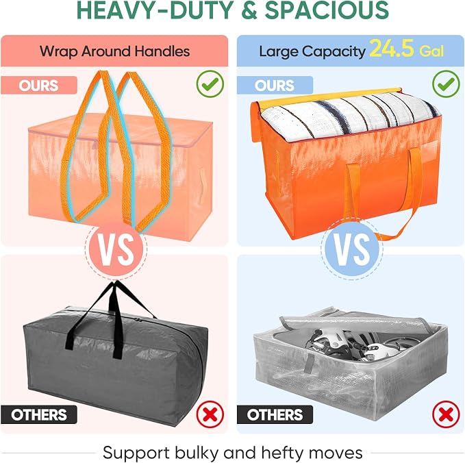 BALEINE 8-Pack Oversized Moving Bags with Reinforced Handles, Heavy-Duty Storage Tote for Clothes, Moving Supplies (Orange, 8-Pack)