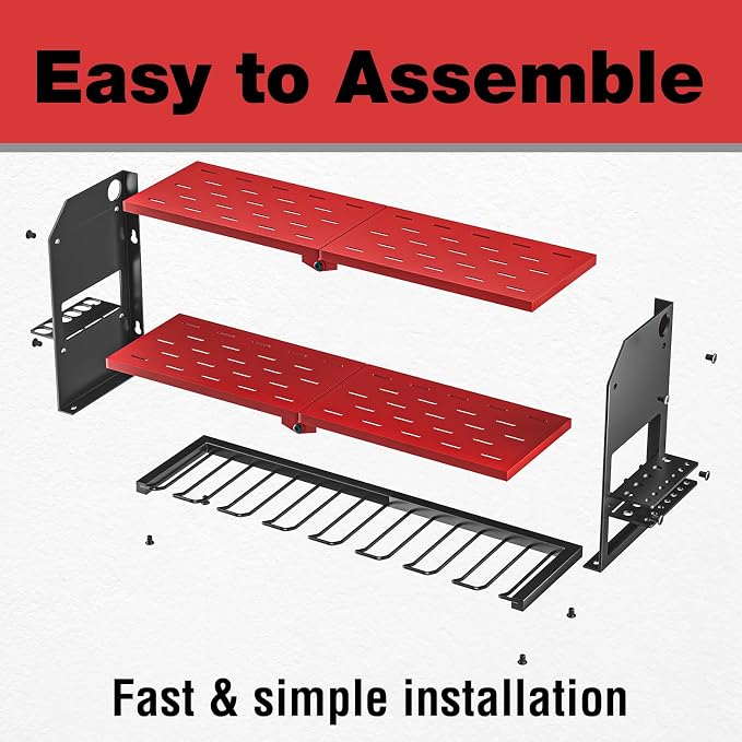 YYR Power Tool Organizer Wall Mount, Cordless Drill and Battery Holder, Electric Tools Hanger Storage Rack with Charging Station, Garage Organization Floating Shelf - Made of Heavy Duty Metal, Red