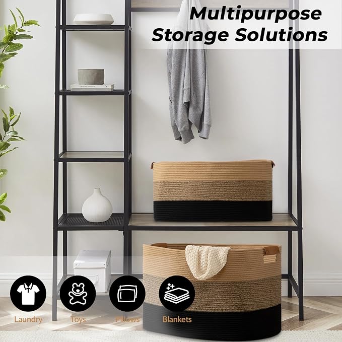 danpinera Large Blanket Basket for Living Room,72 L Rectangle Toy Storage Basket for Nursery Room, Woven Rope Storage Box with Leather Handle, 22’’*17’’*11.8’’, Gradient Linen