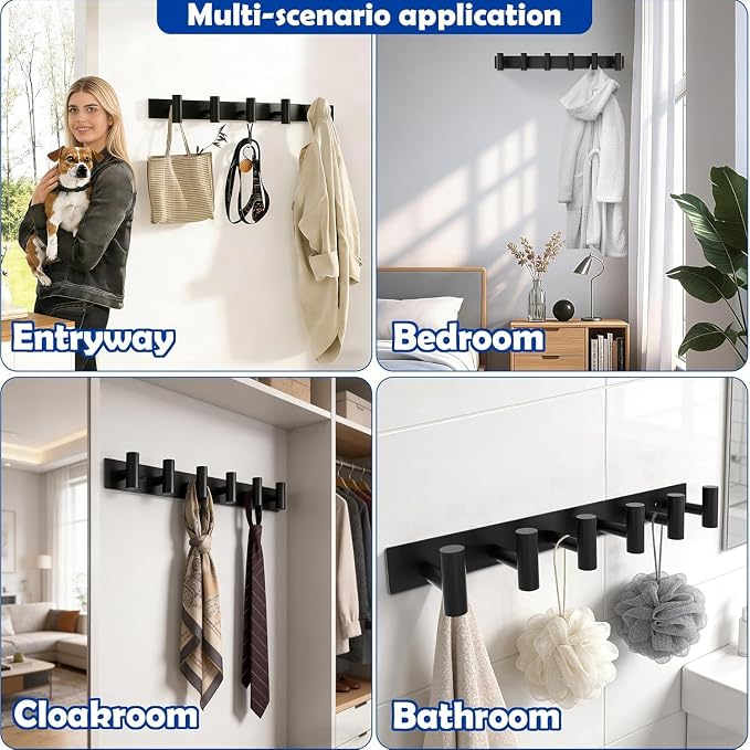 Matte Black Coat Rack Wall Mount - 6 Hooks, Heavy Duty Stainless Steel Wall Hooks for Towels, Coats, Robes, Bags, Hats, Keys, Wall Coat Hanger for Bathroom,Entryway,Kitchen,Hotel,Bedroom,Office, 2Pack