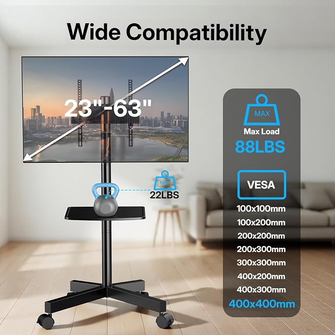PERLESMITH Rolling TV Stand for 23-63 Inch Flat/Curved Screen TVs up to 88 lbs, Mobile TV Stand on Wheels, Portable TV Stand with Tilt & Height Adjustable,Outdoor TV Stand Max VESA 400x400mm