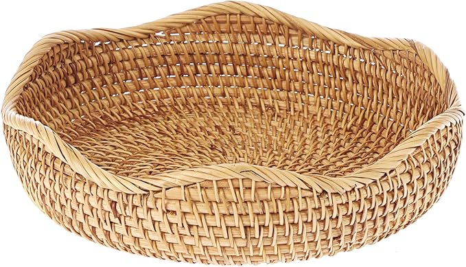 Hipiwe Natural Rattan Tray Wicker Storage Bowls Hand Woven Basket Tray for Bread Fruit Key Round Fruit Baskets for Kitchen Entryway Tabletop Decorative Baskets Bowl,10 Inches