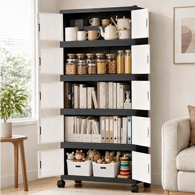 5 Tier Foldable Storage Cabinet with Top Lid, Tall Mobile PP Storage Organizer with Magnetic Doors and Wheels, Space-Saving Collapsible Organizer for Bedroom Living Room Kitchen Pantry Bathroom