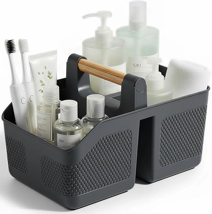 Plastic Shower Caddy Portable Shower Basket with Bamboo Handle, Dark Gray | Cleaning Caddy Organizer Storage Tote for Bathroom, College Dorm Essentials, Bath Toy Storage