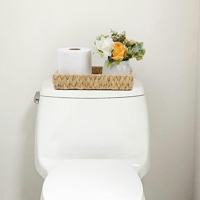 Water Hyacinth Bathroom Vanity Tray with Handle, 11 Inch | Toilet Tank Basket, Bathroom Counter Organizer, Small Wicker Tray, Toiletry Storage, Woven Decor
