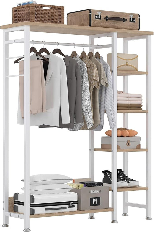 VECELO Open Garment Clothing Rack, Free-Standing Heavy Duty Storage Closet with 5 Shelves and Hanging Rod for Small Spaces, Max Load 350LBS, White Oak