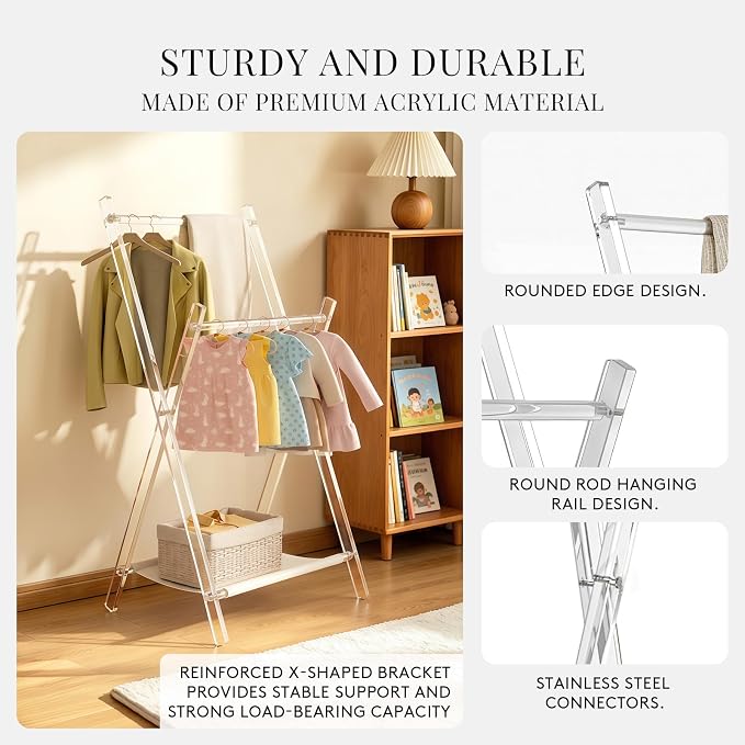 Acrylic Clothes Rack, Foldable Children's Clothing Rack,with Shelves Portable Coat Rack, Suitable for Entrance Hall, Bedroom, Living room, and Bathroom for Hanging Clothes of Babies and Pets.