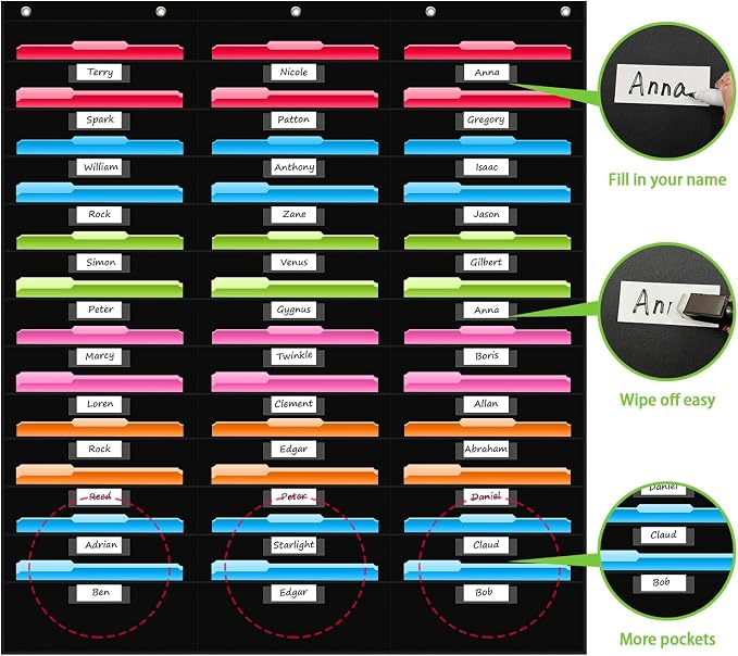 REGELETO 36 Pockets File Storage Pocket Chart with 36 Nametag Pockets, Hanging Wall File Organizer for Classroom and Office, Organize Your Assignments, Files, Scrapbooks, Paper (Black-36 Pockets)