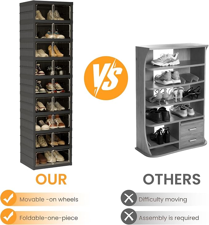 Foldable Shoe Organizer Storage Box Set of 4, Portable Extra Large Folding Shoe Rack for Closet, Shoe Storage Box with Magnetic Transparent Door and Wheels, 9 Layers 18 Grids