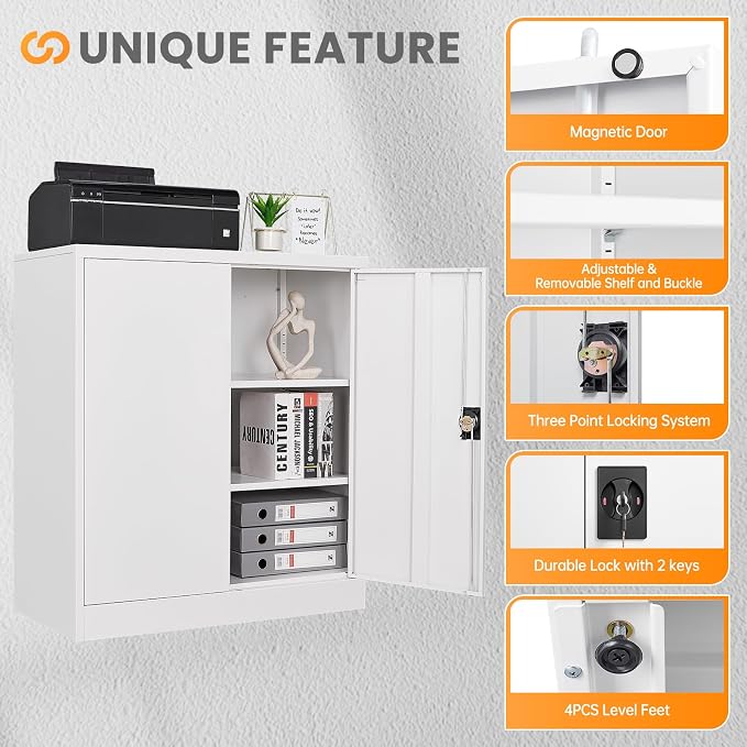 Metal Garage Storage Cabinets with Lock, 36" Tall Tool Cabinet with 2 Door and 2 Adjustable Shelves, Locking Garage Cabinets and Lockable Steel Locker for Home Office Warehouse - (White-36”H)
