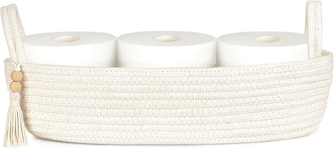 Mkono Toilet Paper Basket, Boho Bathroom Decor, Small Storage Organizer | White, 15.7"L x 6"W, Back of Toilet Basket, Decorative Woven Tray with Handles, Space-Saving, Living Room Bedroom, 1 Pack