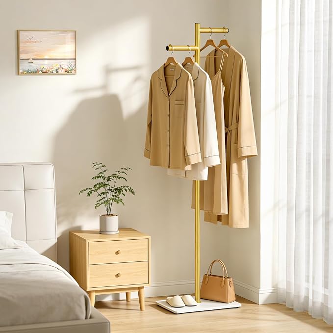 Metal Freestanding Coat Rack, 68.9"H Z-Shaped Coat Tree with Natural Rock Base, Modern Clothes Hanger Stand for Coats, Hats, Bags & Scarves, Ideal for Entryway, Bedroom, Office & Living Room
