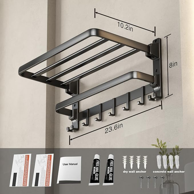 VOLDRA Towel Racks for Bathroom, 24-Inch Towel Shelf with Towel Bar Foldable Towel Holder with 7 Hooks Towel Storage Organizer for Bathroom & Lavatory Wall Mounted(Matte Black)