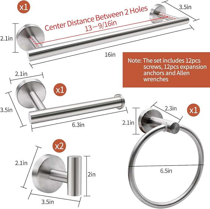 5pcs Bathroom Hardware Set, Brushed Nickel Bathroom Hardware Set, Including 16" Hand Towel Bars, Toilet Paper Holders, Towel Rings, Robe Towel Hooks | Including 16" Hand Towel Bars, Toilet Paper Holders, Towel Rings, Robe Towel Hooks