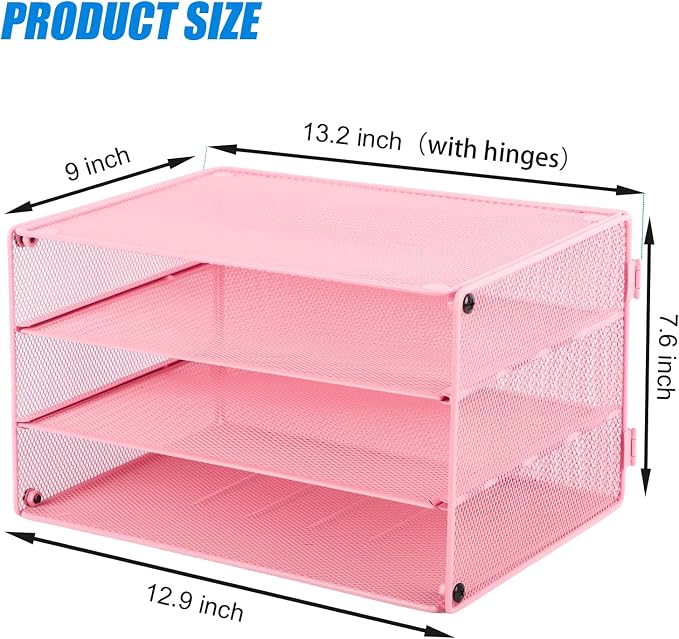 Paper Organizer Tray, 3 Tier Mesh Desk File Organizer Letter Sorter Holder for Home Office, Pink