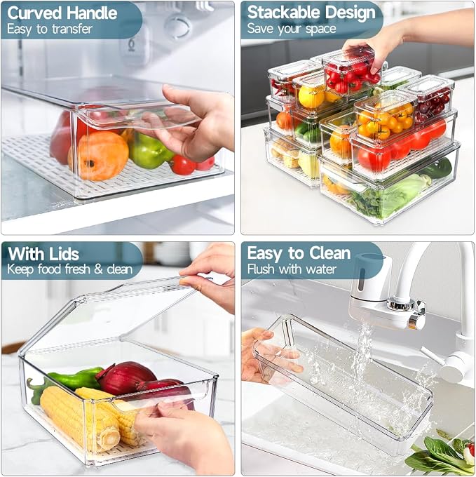 14 Pack Fridge Organizers and Storage - Refrigerator Organizer Bins with Lids, BPA-Free Fridge Organization, Fruit Storage Containers for Fridge, Vegetable, Food, Drinks, Cereals, Clear | with Lids, BPA-Free Fridge Organization, Fruit Storage Container...