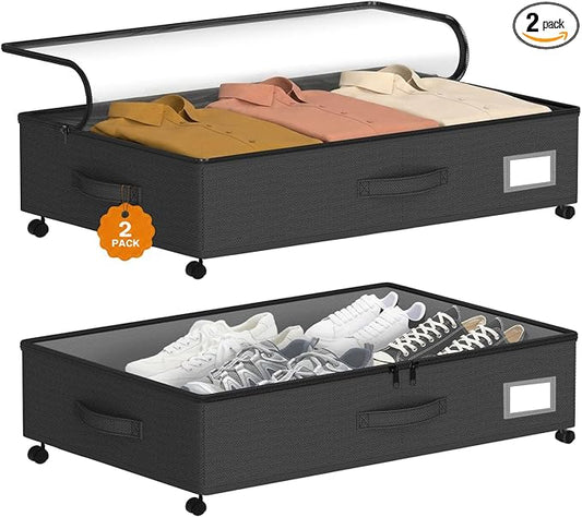 Under Bed Storage with Wheels 2-Pack, Under Bed Storage Containers, Underbed Box with Clear Lids, Rolling Underbed Storage bins for Shoes, Clothes, Blankets (25" L x 16.2" W x 5.5" H)