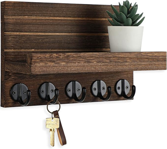 Lwenki Key Holder for Wall, Decorative Key and Mail Holder with Shelf Has Large Key Hooks for Bags, Coats – Paulownia Wood Key Hanger with Mounting Hardware (9.8”W x 6.7”H x 4.2”D) (Brown)