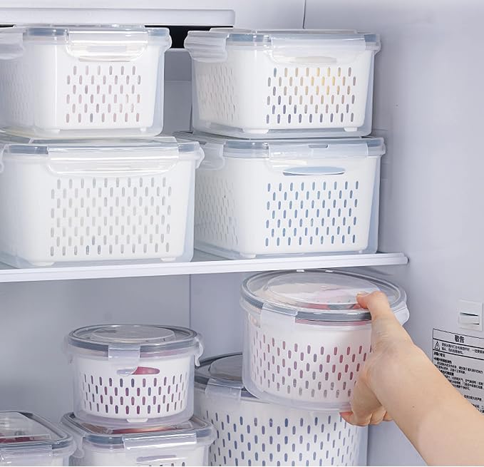 3Pack Fridge Food Storage Container Set with Lids with Strainer, Fruit Vegetable Storage Containers Keep Fruits, Vegetables, Berry, Meat Fresh longer, BPA-Free Plastic Produce Keepers