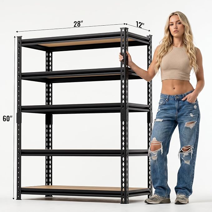 5 Tier Garage Shelving, Adjustable Heavy Duty Garage Shelves | 60 "H Metal Storage Shelves Unit for Basement,Warehouse,Pantry Kitchen