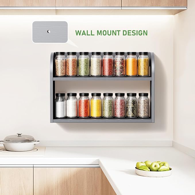 ROMGUAR CRAFT 2 Tier Bamboo Spice Rack, Countertop or Wall Mounting Wood Spice Jars Organizer Shelf for Kitche, Pantry (Grey)
