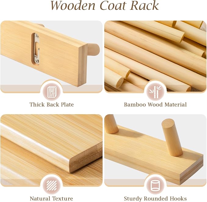 Coat Rack Wall Mount, Wooden Coat Hanger, Natural, 1 Pcs | Heavy Duty, 5 Sturdy Rounded Hooks, Bamboo Wood Material, for Entryway, Doorway, Living Room, Kid's room, Living Room, Closet
