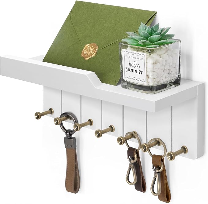 Rebee Vision Key Holder Wall Mount with 7 Hooks for Entryway, Modern White | Key and Mail Holder for Wall, Mail Sorter, Shelf Organizer, key Hanger Apartment Essentials, Aesthetic Room Decor