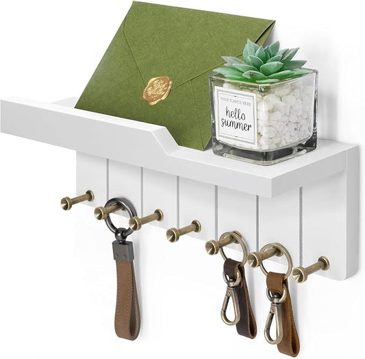 Rebee Vision Key Holder Wall Mount with 7 Hooks for Entryway, Modern White | Key and Mail Holder for Wall, Mail Sorter, Shelf Organizer, key Hanger Apartment Essentials, Aesthetic Room Decor