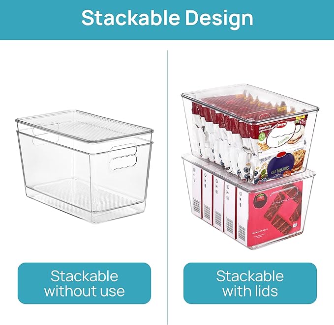 Vtopmart 4 Pack Clear Stackable Storage Bins with Lids, Large | BPA-free Plastic, Organize Vertically, For Pantry Kitchen Fridge Cabinet Closet Bathroom, Built to Last, Easy to Move