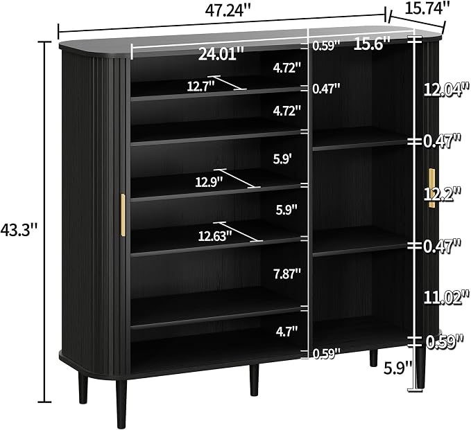DHH Shoe Storage Cabinet with Sliding Door, 6-Tier Shoe Cabinet with Adjustable Shelves, Mid Century Modern Freestanding Shoe Storage Organizer for Entryway, Hallway, Living Room (Black, 47 ")