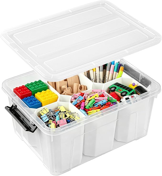 EOENVIVS Clear Storage Tote with 6 Tall Inserts, Stackable craft organizers and storage Box, Plastic Storage Bins with Lids and Handles for Crafts, Jewelry & Sewing, Art Supplies, Markers, Pens