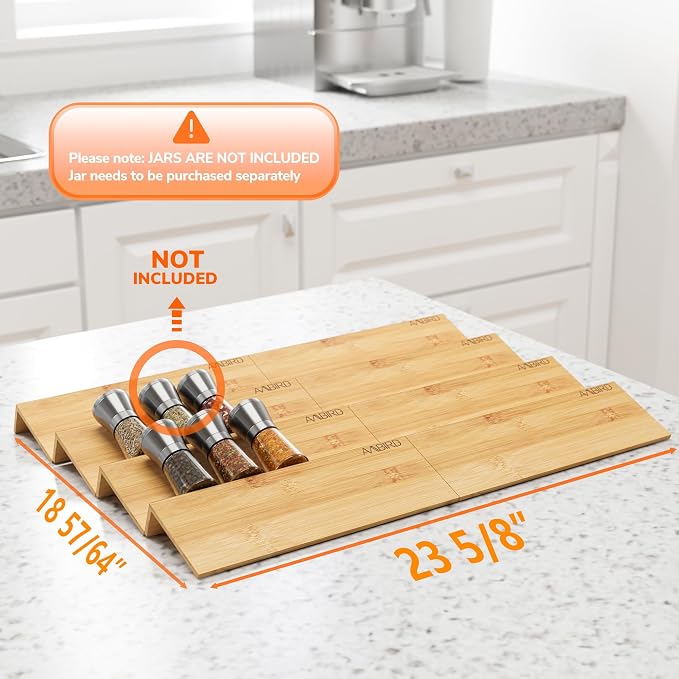 AMBIRD Bamboo Spice Drawer Organizer with Non-slip Mat,4 Tier - 2 Set Jar Spice Rack Tray From 12''to 24'',Hold up 48 Jars Seasoning Organizer for Kitchen,Cabinet,Drawers,Countertop