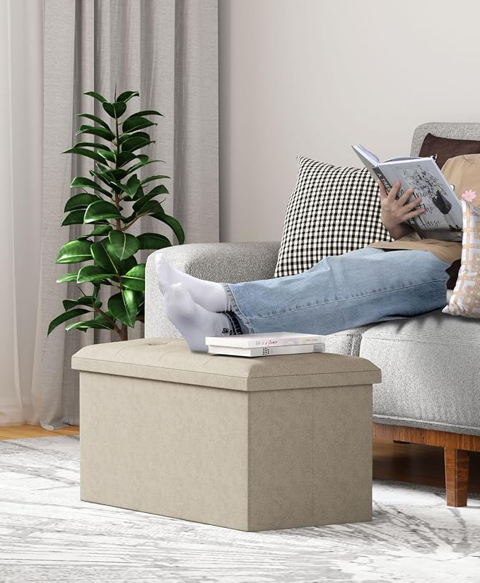 Folding Storage Ottoman Bench, Sandy Beige, 30 Inches | Multi-Functional Ottoman Foot Rest, End of Bed Bench, Storage Chest, Living Room, Bedroom, Hallway, Entryway, 600 lb Capacity