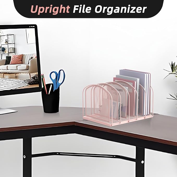 SUPEASY 5-Section File Organizer for Desk, Metal File Folder Holder, Pink | 5 Vertical Compartments with Sturdy Metal Base for Office Documents Books Magazines and Laptop
