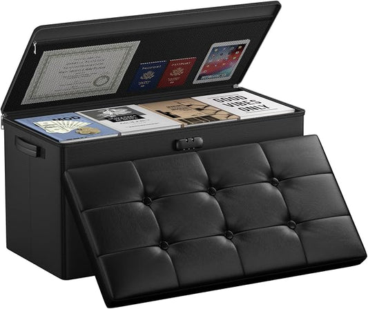 DocSafe Storage Ottoman Bench with Lock,Fireproof 30 Inches Folding Bench Foot Rest Stool Storage Chest Safe for Living Room,Bedroom,Home Office,Waterproof Leather Ottoman with Handles,Black