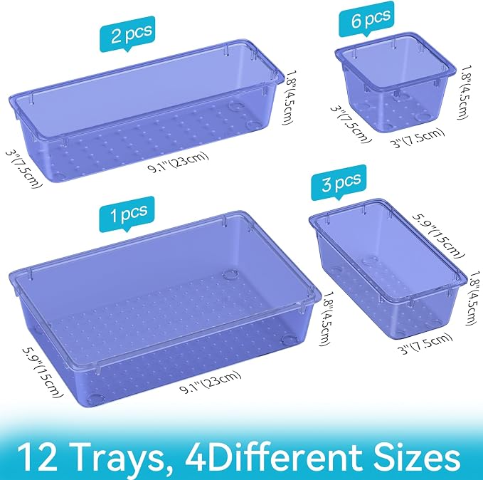 12 PCS Drawer Organizer Set, Makeup Organizer, Tool Storage Tray, Navy Blue | 4 Sizes, Plastic, Stackable, Multiple Gadgets, Desk Drawer Divider Organizers, for Makeup, Office Supplies Storage