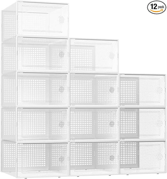 Kuject XX-Large Shoe Storage Boxes 12 Pack, Clear Stackable Shoe Organizer | Shoe Case for Closet, Entryway & Under-Bed Storage, Drop-Front Design, Space-Saving Solution for Family Organization,White