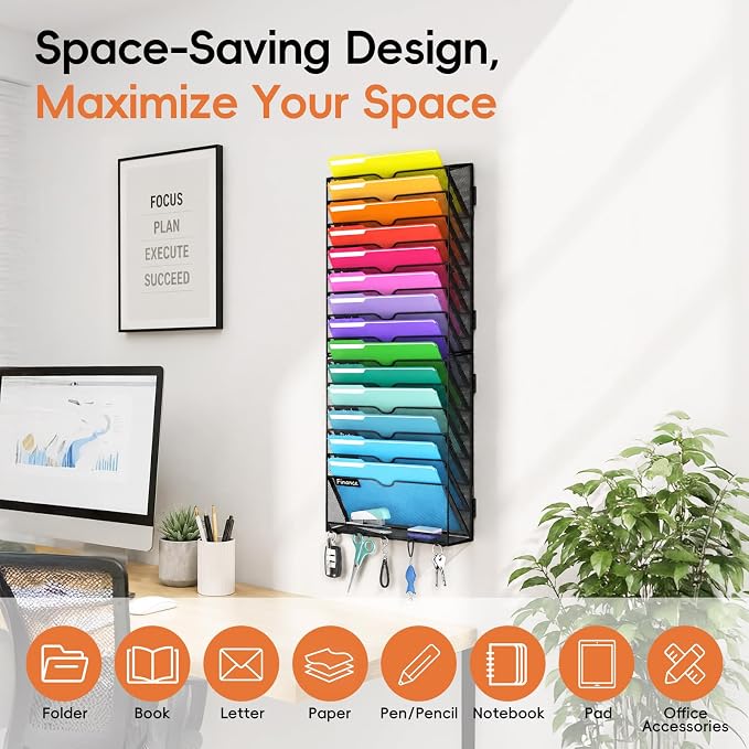 15-Tier Wall File Organizer with Hook, Hanging File Organizer Black | Wall-mounted mail storage holds papers, folders, files, clipboards and magazines, assembly required for office or home use.