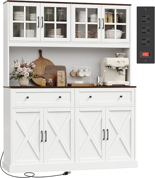 71''H x 55.1''W Pantry Cabinet with Charging Station, 4 Wide Cabinets Kitchen Pantry with 2 Drawers, Farmhouse Hutch Storage Cabinet, Tall Coffee Bar, Acrylic Door, Adjustable Shelves, White