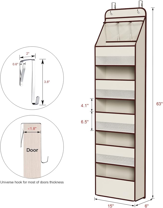 Univivi Fabric Over Door Hanging Organizer for Baby Nursery, Beige, 6-Shelf | Door Storage with Large Capacity Breathable Mesh Pockets, Over the Door Organizer for Baby Essential, Bedroom and Dorm
