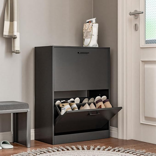 Shoe Cabinet with 2 Flip Drawers, Narrow Freestanding Shoe Organizer for Entryway, Hallway, Living Room, Black